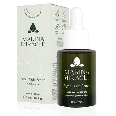 Argan Night Serum er et effektivt nattserum med AHA fruktsyrer som eksfolierer huden og erstatter nattkrem. Helt naturlig og økologisk.