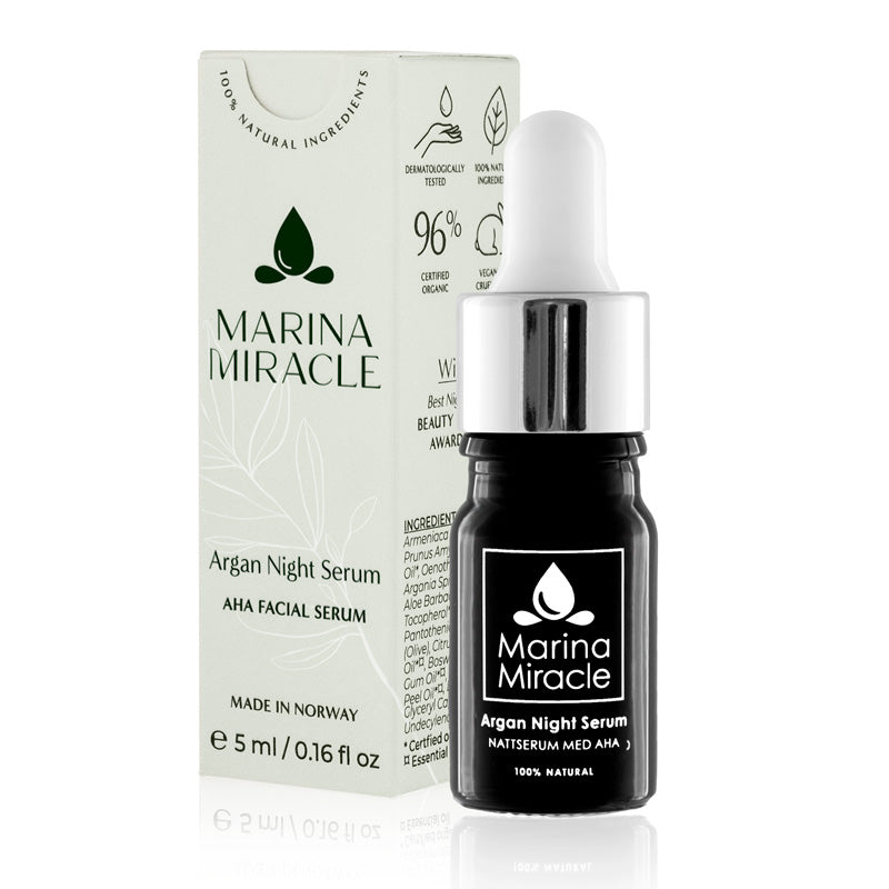 Argan Night Serum eksfolierende, helt naturlig nattserum med eske. Laget i Norge med rene ingredienser.