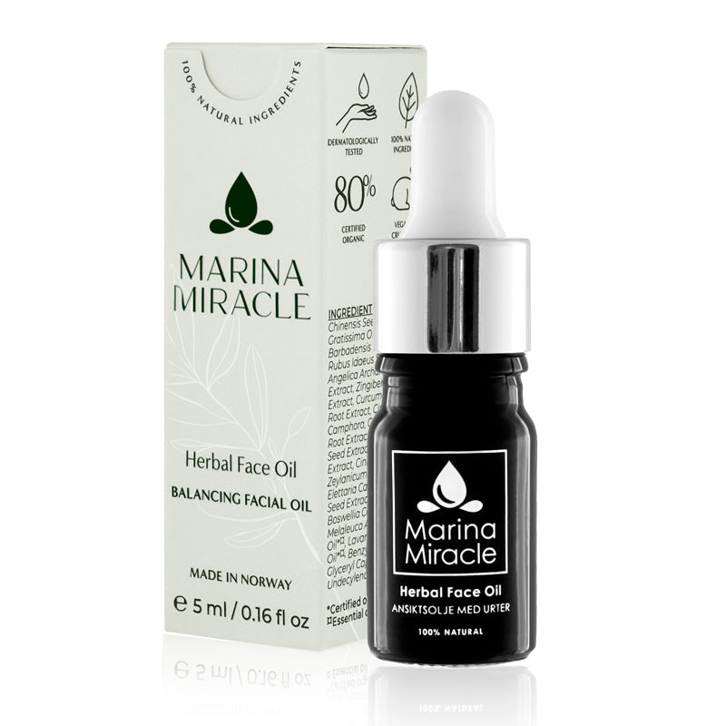 herbal face oil ansiktsolje på 5 ml liten glassflaske med dropper